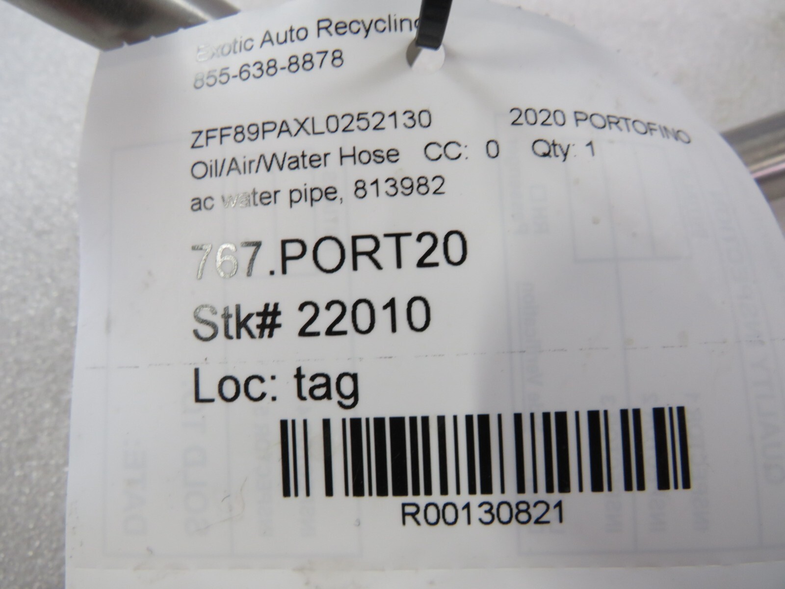 Ferrari Portofino, AC Water Pipe, Used, P/N 813982
