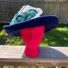 Vintage Street Smart by Betmar Wool Hat with Lace and Flowers Blue