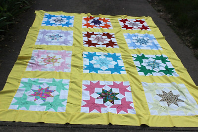 Mcm Star Pattern Vintage MCM Yellow and Multi-color 8 Point Star Quilt Top 80 by 100.25 ...