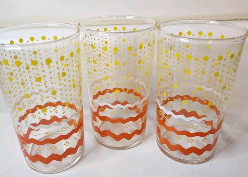 VTG Glasses Lot 3  Orange Yellow White Polka Dot Tumbler Barware Glasses 5.25"