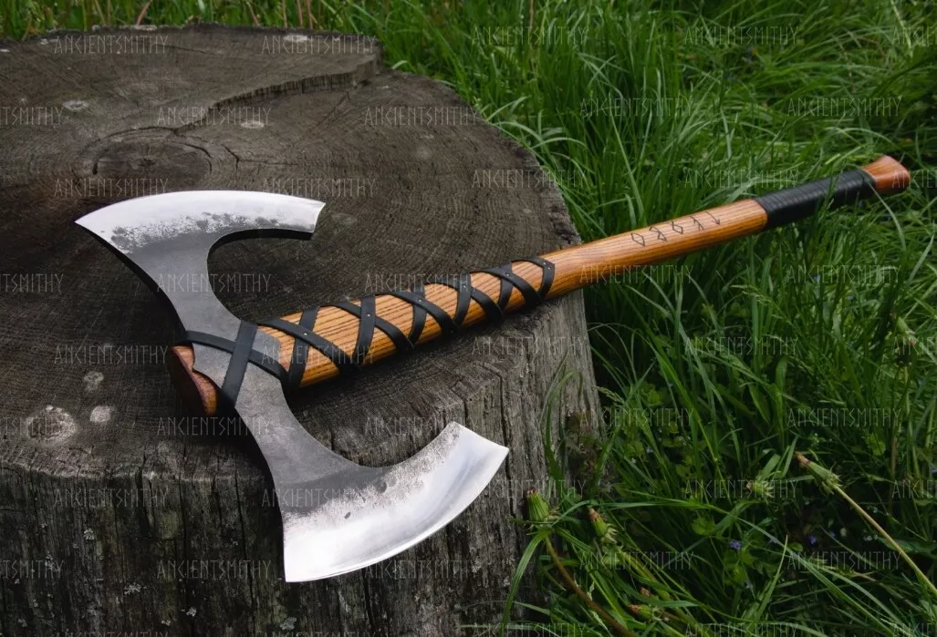 Double blade Battle axe functional - Viking double sided axe with leather  sheath