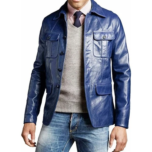 Mens Genuine Lambskin Real Leather Blazer Button Coat Jacket Soft Stylish Blue
