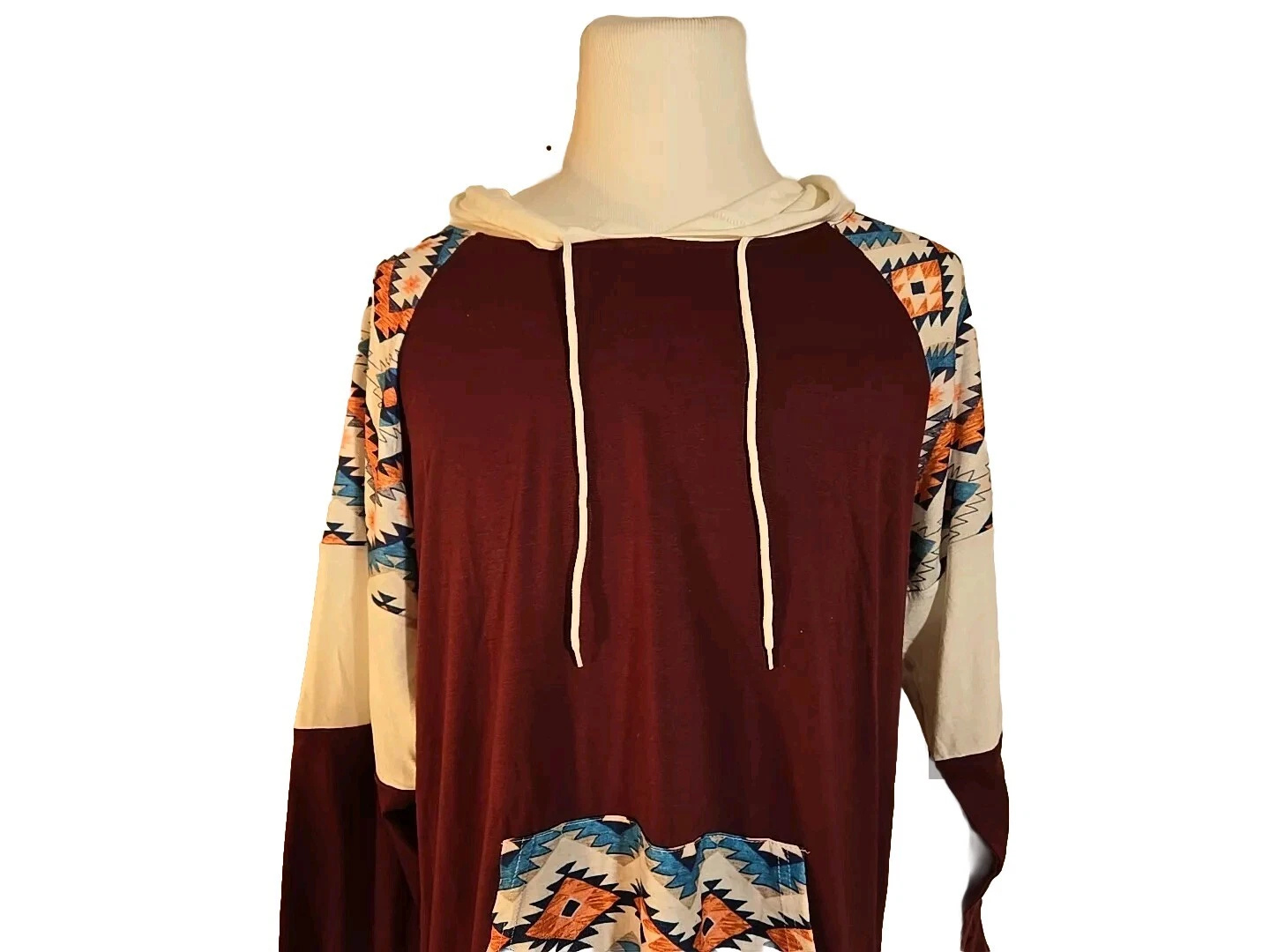 OFF WHITE Top con cappuccio da donna taglia XL. Felpa Borgogna & Avorio Azteca Maniche Lunghe Nuova