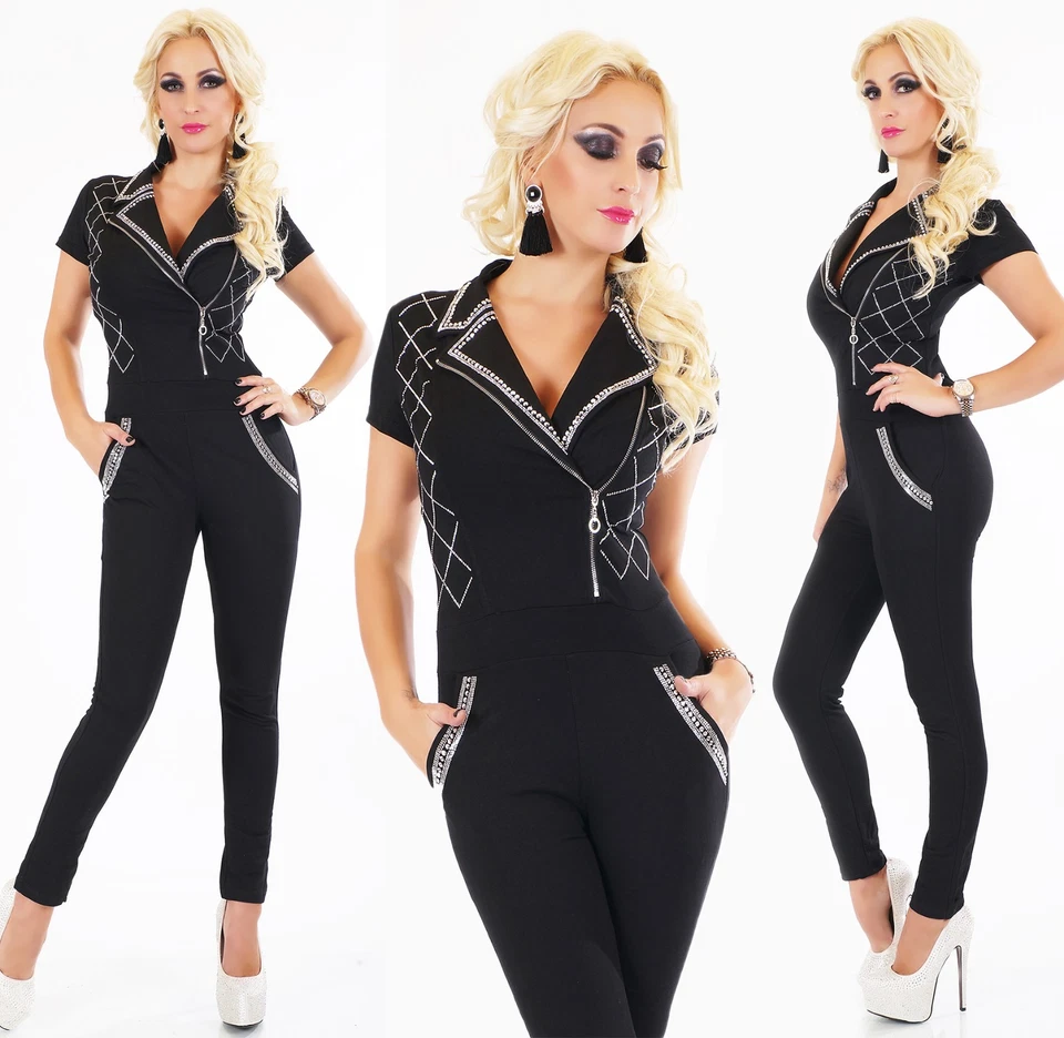 Damen Overall Jumpsuit Hosenanzug Glamour Jogger Strass Nieten Kragen S/M M/L - Bild 2 von 4