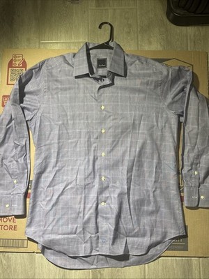 David Donahue Dress Shirt 16.5 34/35 Blue Check Point Collar Cotton