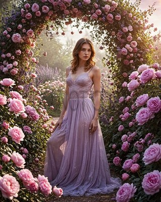 Beautiful Woman Lavender Dress Rose Garden Romantic Floral Fantasy Art Print