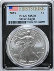 2025 $1 Silver Eagle PCGS MS 70 First Strike Flag Label Black Core
