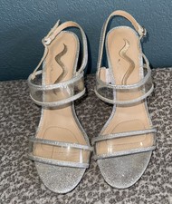 Nina Sheila Silver And Clear Block Heels Wedding Shoes Special Occasion Sz 8M