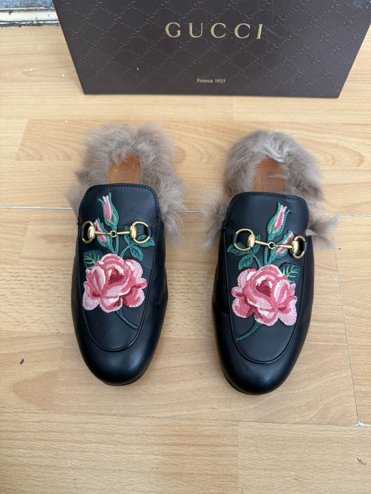 Gucci Princetown Floral Black Leather Women’s Slipper Horsebit Fur Shoe Uk 4.5