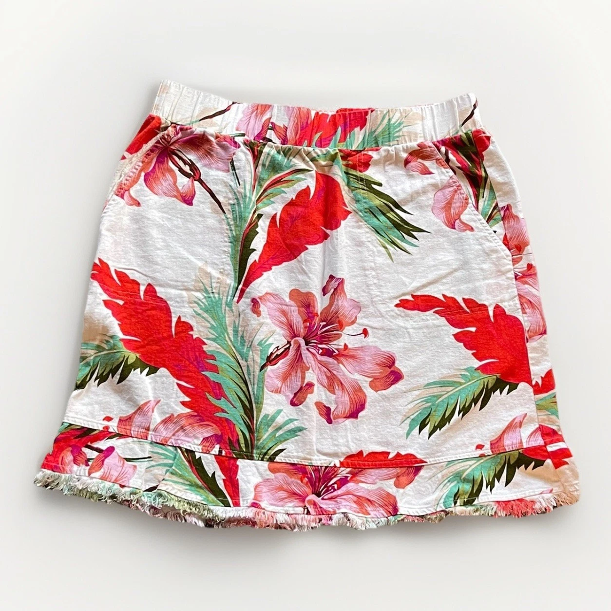 Linen Tropical Floral Skirt L For Cynthia Womens Red White Hawaiian Coconut Girl