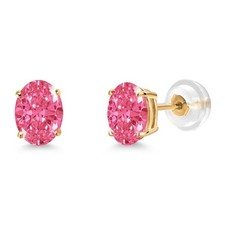 14K Yellow Gold Fancy Pink Zirconia Stud Basket Setting Earrings For Women