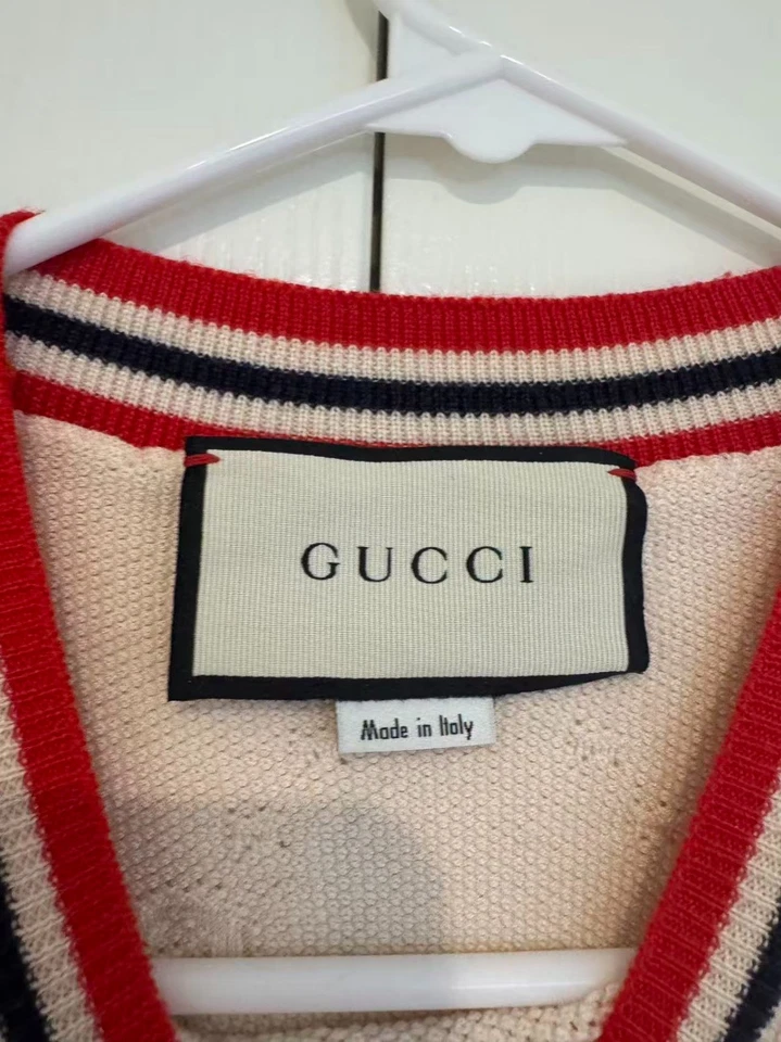 Gucci GG Logo Short Sleeve Wool Knit Top Ivory Red Trim Made in Italy Size M - Image 3 of 4