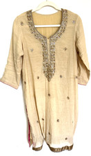 Women's Indian Tunic Design Lt Tan Beige w/ Gold Sequin Beads Kurta Kurti Top