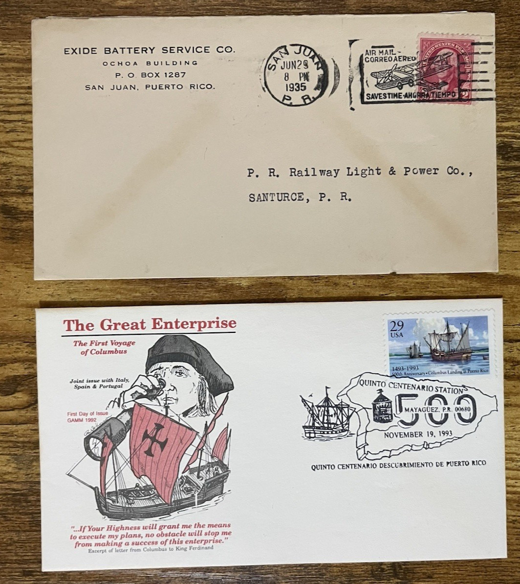 Puerto Rico Postal Lot: 1935 Battery/Auburn Adv Cover & 1993 Columbus 500th FDC