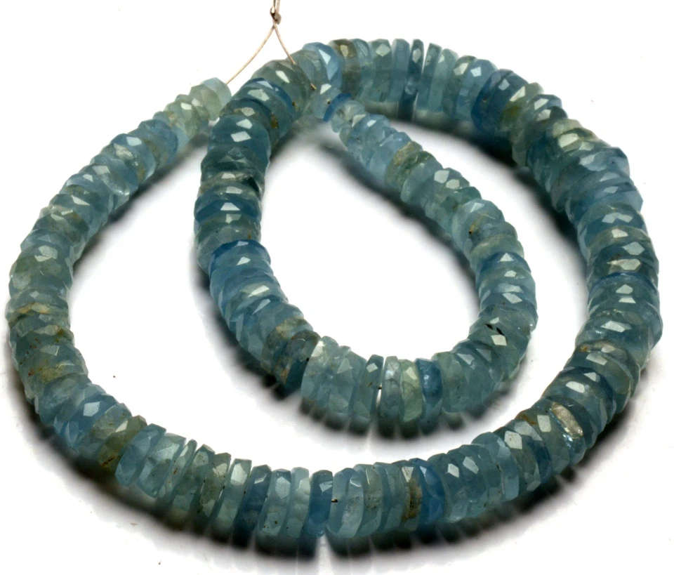 Natural Aquamarine Gemstone 4 to 10 mm Size Faceted Rondelle Shape Beads 12" - Image 3 of 4