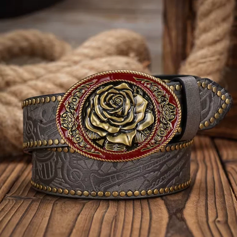 Cinturón con hebilla Western Rose vintage - 120 cm | Estilo cuero en relieve | Resistente Foto 2 de 4