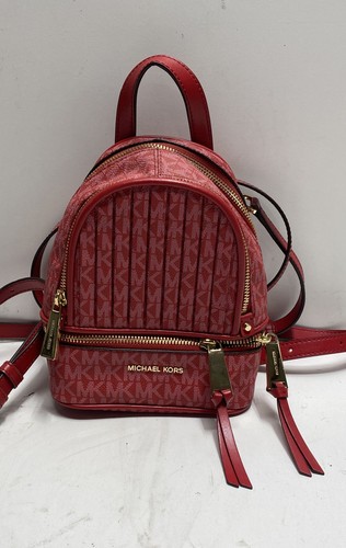 Michael Kors Red Logo Rhea Zip Extra Small Mini Backpack Gold Hardware