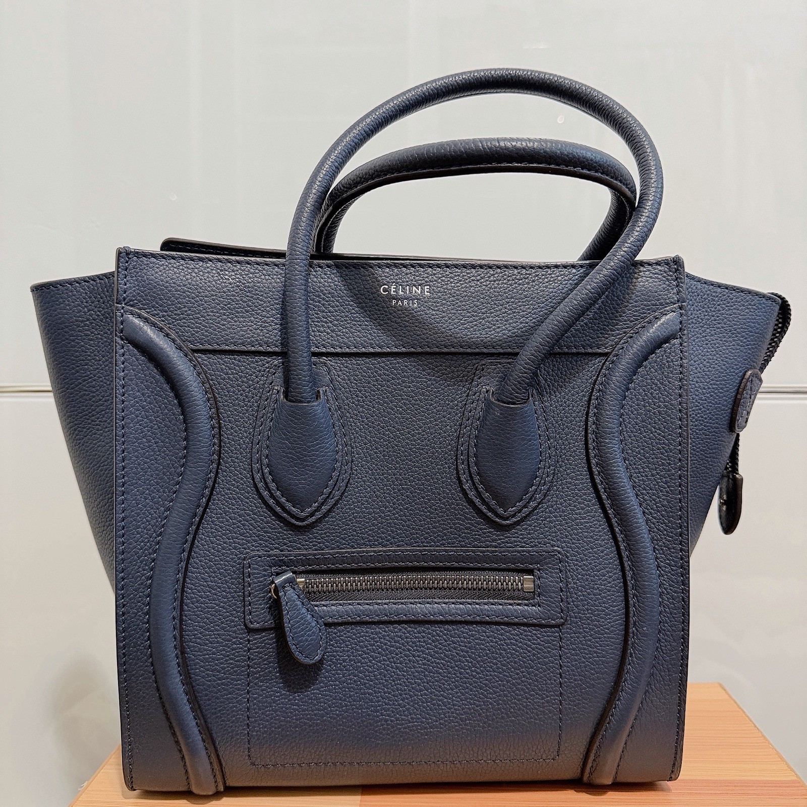 Celine Luggage Micro tote bag in a blue grained calfskin leather