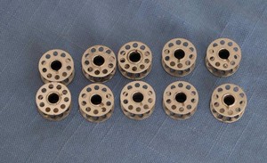 Ten Class 15 Vintage Sew Machine Bobbin Metal 10 Holes 3/4" diameter 3/8" Thick