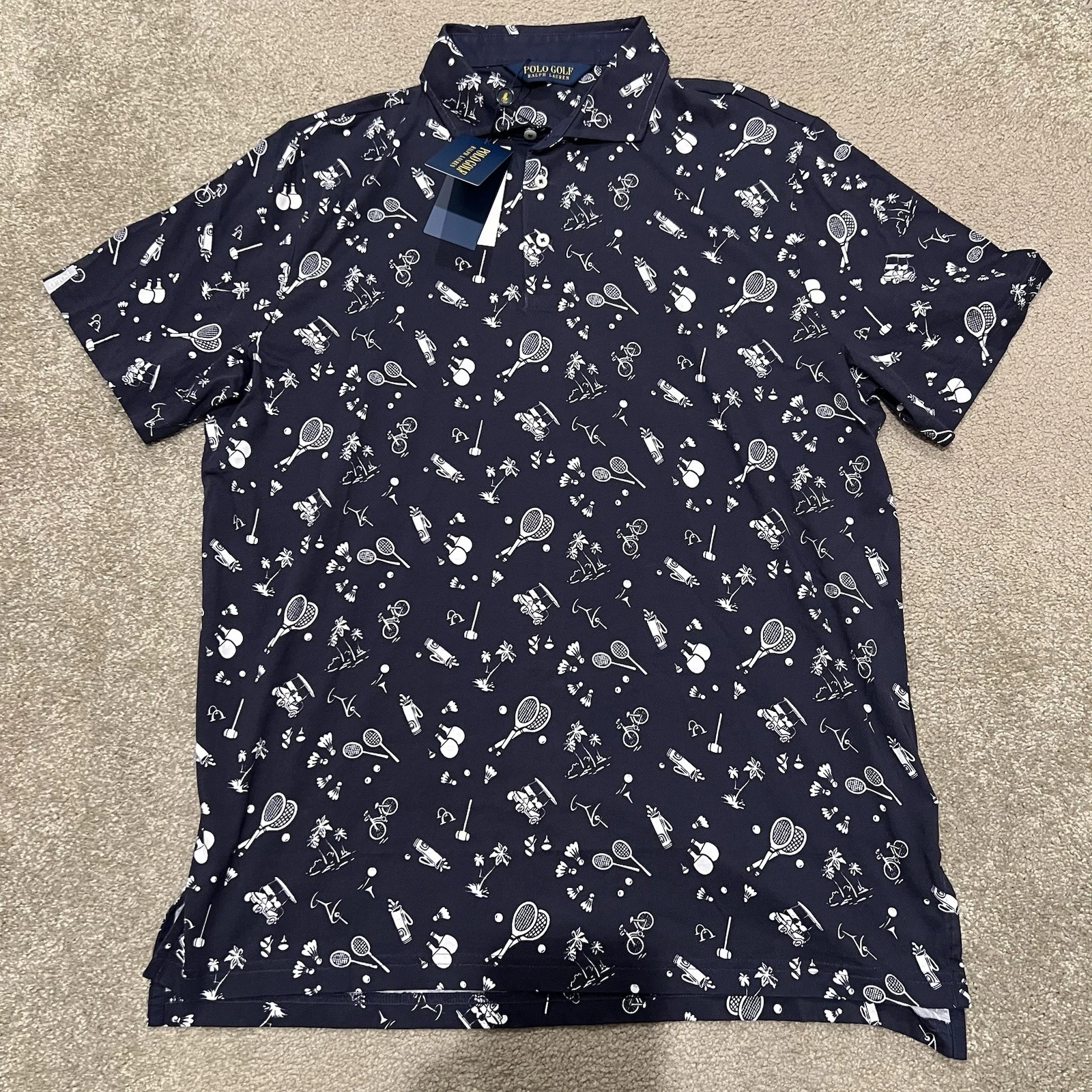 Polo Golf Ralph Lauren Mens Polo Shirt L Blue Tennis Golf All Over Print NWT