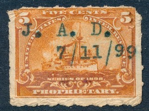 99c Start! US Revenue Stamp Battleship RB31 Dr. J. A. Drake, Indiana 1899 cancel
