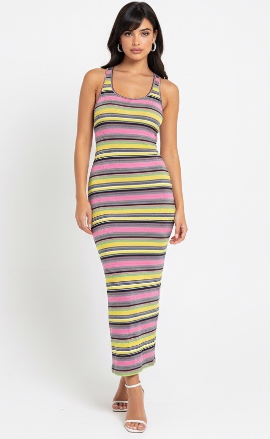 CHRISTINA LOVE pink black stripe spandex tank fitted maxi dress large X-Large