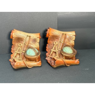 Vtg Hispaniola Nautical Bookends 3D Relief Globe Telescope Old World Travel 1967