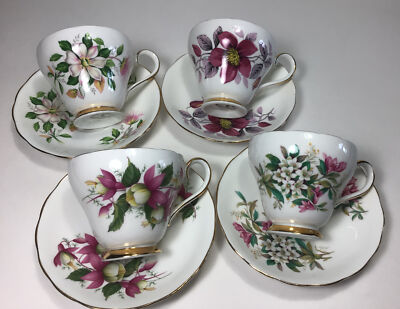 Vintage Set 4 Royal Adderley Floral Tea Cups & Saucers - Ridgway Potteries LTD