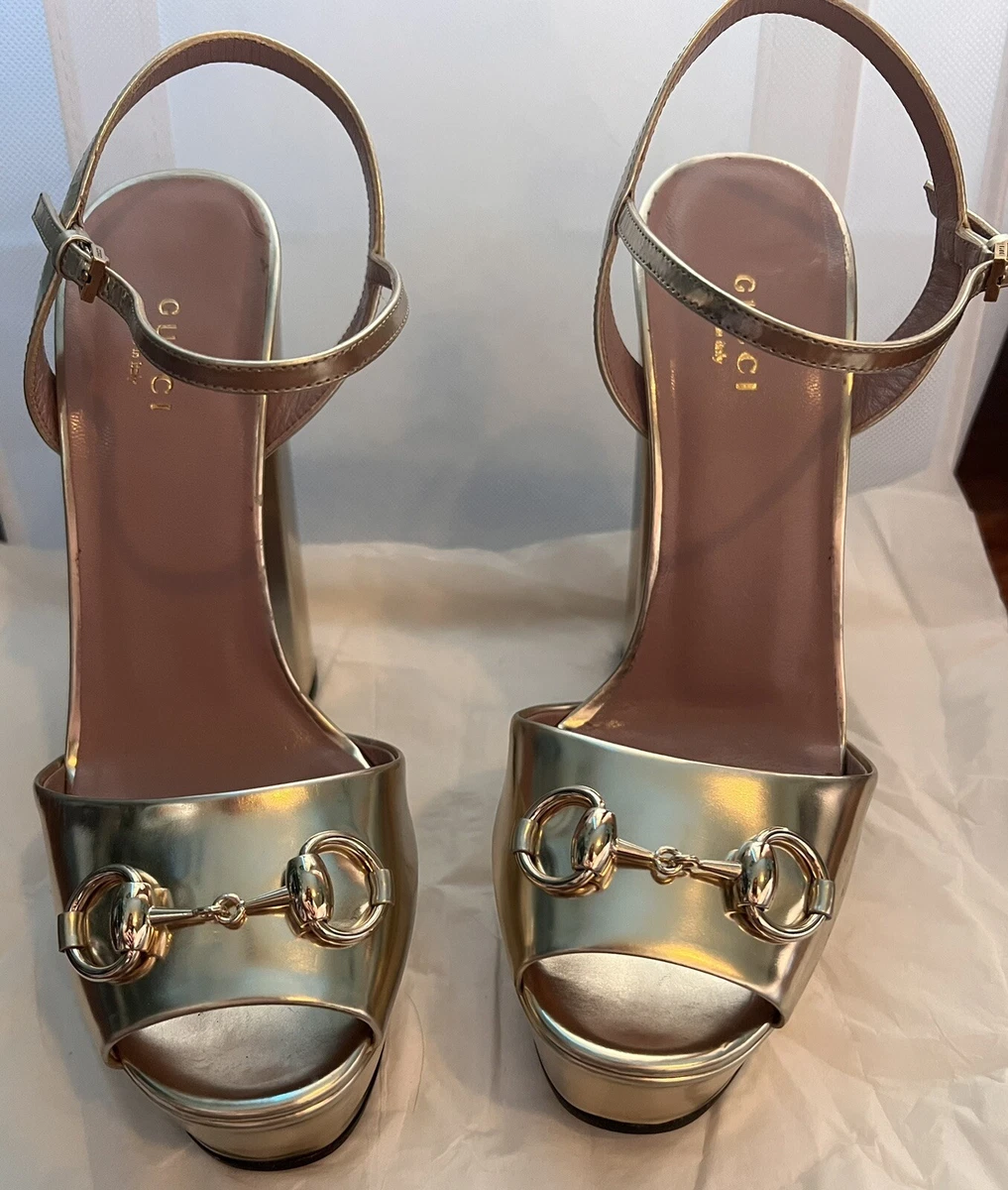 Beautiful Gucci Gold Leather Claudie Horsebit Peep Toe Platform