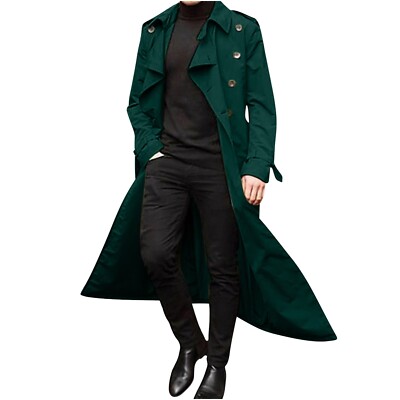 Mens Trench Coat Long Men Green Long Casual Trench Coat Double