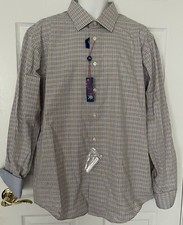 NWT EGARA Men's Non-Iron Plaid Button Front Shirt XL Blue Tan White 80's 2-Ply