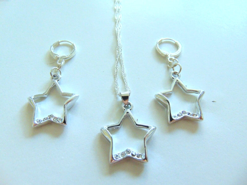 925 Silber Schmuck Set Glitzer Stern AAA Zirkon Kette Anhänger Creolen Neu - Bild 3 von 4