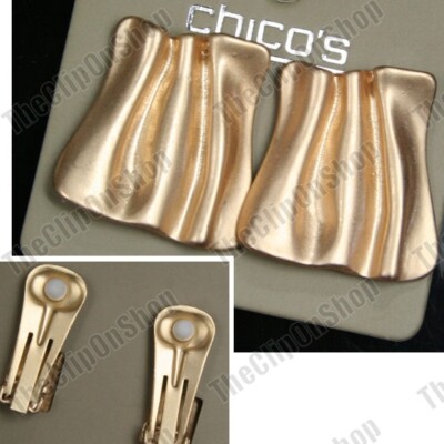 CLIP ON OHRRINGE eckig MATT GOLDFARBEN Vintage Retro groß METALL SATINIERT STRUKTUR