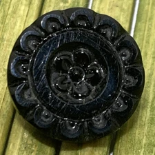 Antique Jet Black Glass Button Geometric Flower Relief Tunnel Shank 1/2"