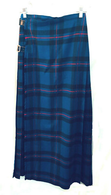 The Scotch House London Vintage woll Blue Tartan plaid maxi kilt Long skirt  S/M