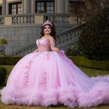Pink Quinceanera Dresses Ball Gown Applique Lace Beads Bow Tull Tiered Sweet 16
