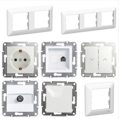 SCHNEIDER Asfora EM Schuko Steckdose Schalter Taster Dimmer Rahmen SAT TV  Weiss