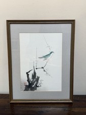 VTG Japanese Hand Printed Woodblock Print Flower Bird Chikanobu Kano Framed