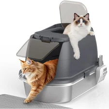 Stainless Steel Litter Box with Lid, Top Entry Covered Kitten Litter Box, Gray