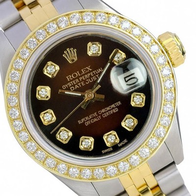 Rolex Datejust Ladies Two-Tone Gold Steel Brown Vignette Diamond Dial Watch 26mm