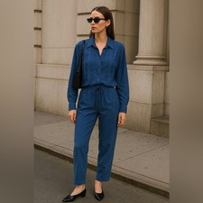 Vintage 90s Fiji Petite Silk Loungewear Set 2-Piece Blue Drawstring Pants S/XS