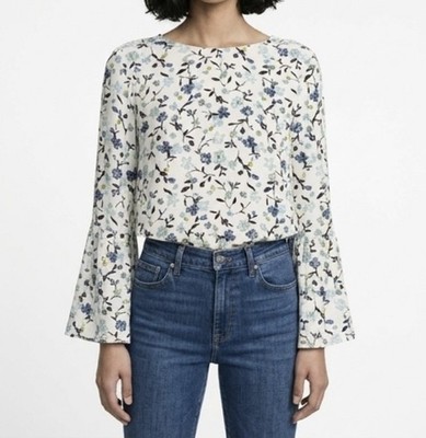 LOFT Silky Floral Blouse Long Wide Bell Sleeve Key Hole Back  Sz M NEW