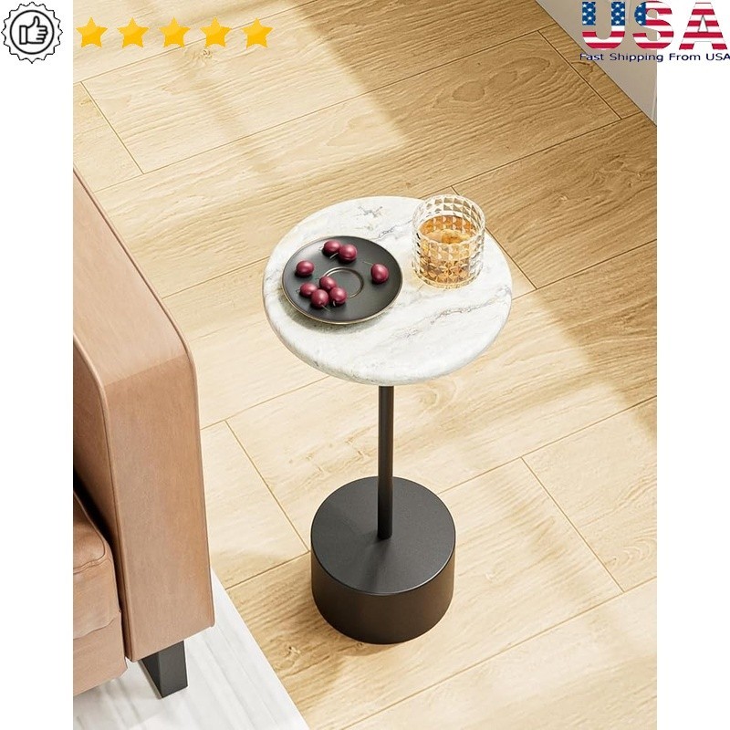 Small Round Side Table Marble Grain Cocktail Table Living Room Bedroom Office US