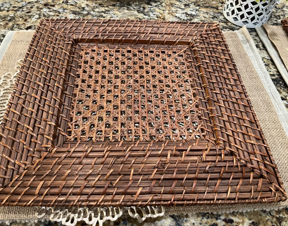 Зарядные устройства из ротанга тканые тарелки квадратные 14 дюймов набор из 2 богемных французских деревенских - Изображение 4 из 4