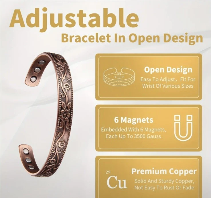 ✅ 99,9% Kupfer Armband mit Magneten Damen Armreif Hypoallergen Verstellbar ✅ - Bild 2 von 3