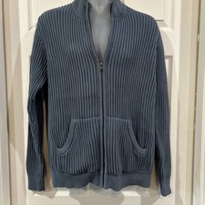 L.L Bean Men  s M Tall Full Zip Chunky Ribbed Knit Sweater Jacket Blue Mock Neck