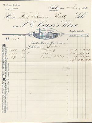 KÖLN, Rechnung 1910, P. G. Heuser`s Söhne