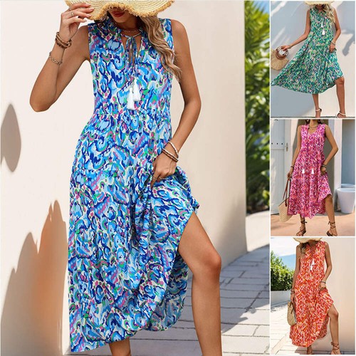Dress (S–XL) – Boho summer flowy A-line dress, casual v-neck long ruffle elegant