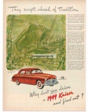 1949 Kaiser SPECIAL Red 4-door Sedan Building Aircraft Carrier art Vintage Ad