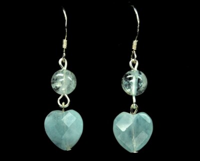 Charming 925 Silver Aquamarine Ball and Faceted Heart Shape Earrings